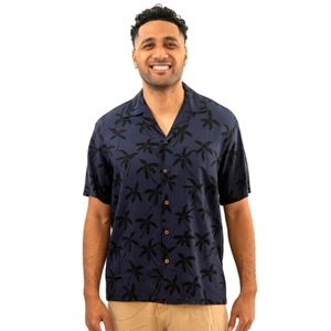 Two Palms Men's Blue Black Rayon Palm Trees Button Up Hawaiian Shirt Size 3XL.